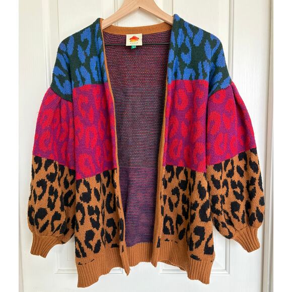 Farm Rio Open Cardigan Sweater Sz XS Colorful Mixed Leopard Print Balloon Sleeve - Picture 1 of 5